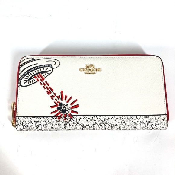 coach C7800 Keith Haring collaboration Zip Around DISNEY Long Wallet White Red - Picture 1 of 10
